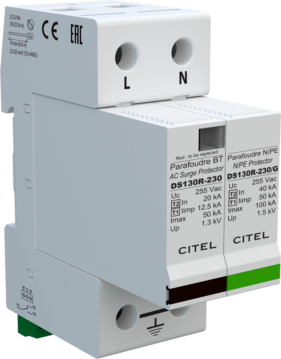 Citel AC Surge arrestor, Type 1+2 (DS132RS-230/G) - photo produit